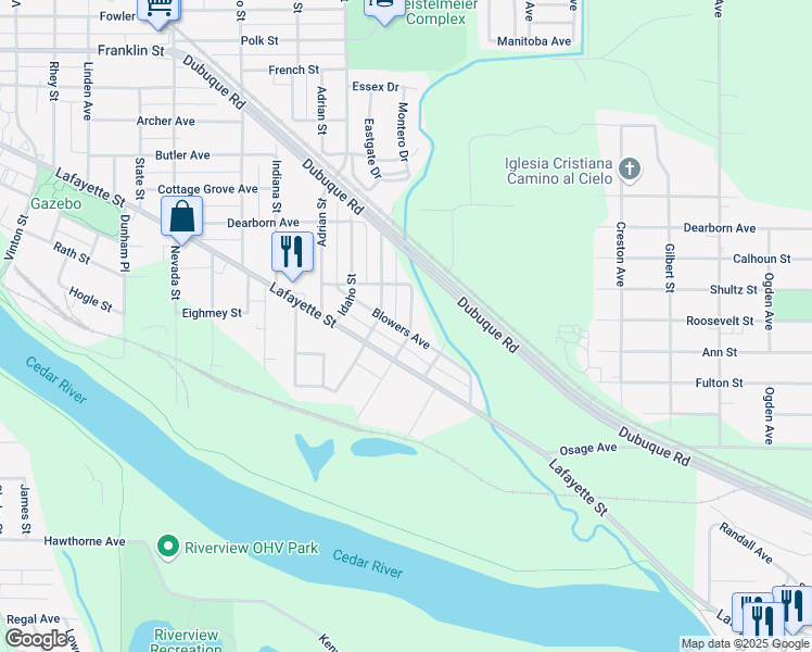 map of restaurants, bars, coffee shops, grocery stores, and more near 503 California Street in Waterloo