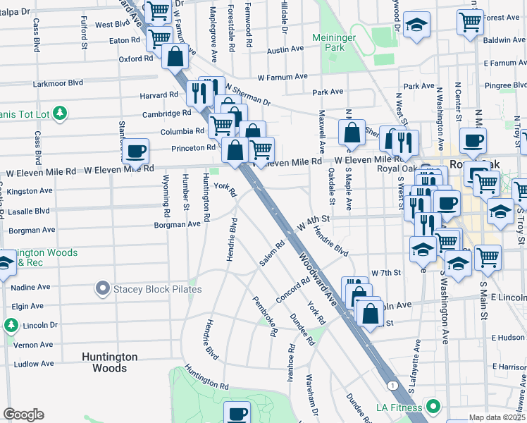 map of restaurants, bars, coffee shops, grocery stores, and more near 26711 Woodward Avenue in Royal Oak