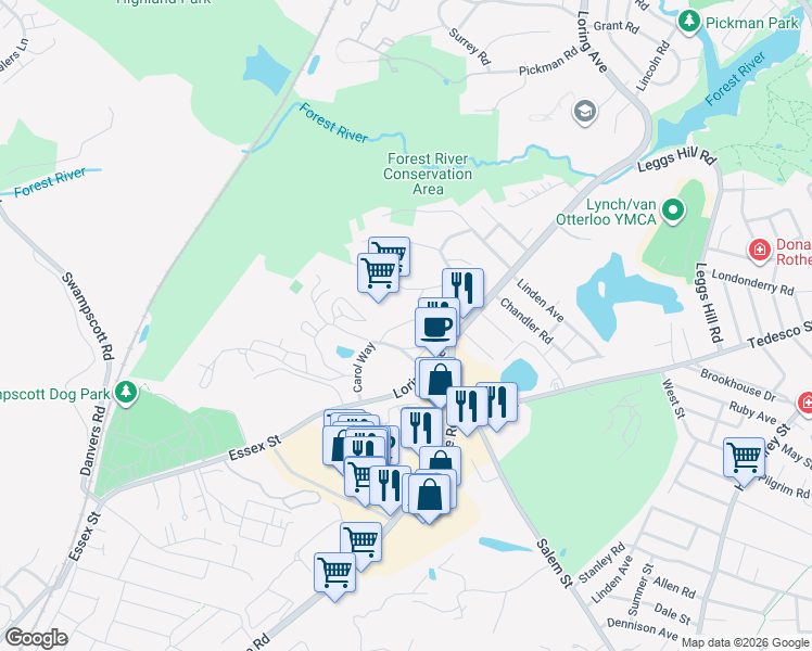 map of restaurants, bars, coffee shops, grocery stores, and more near 6 Loring Hills Avenue in Salem