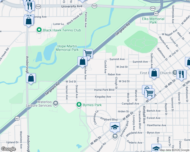 map of restaurants, bars, coffee shops, grocery stores, and more near 703 Reber Avenue in Waterloo