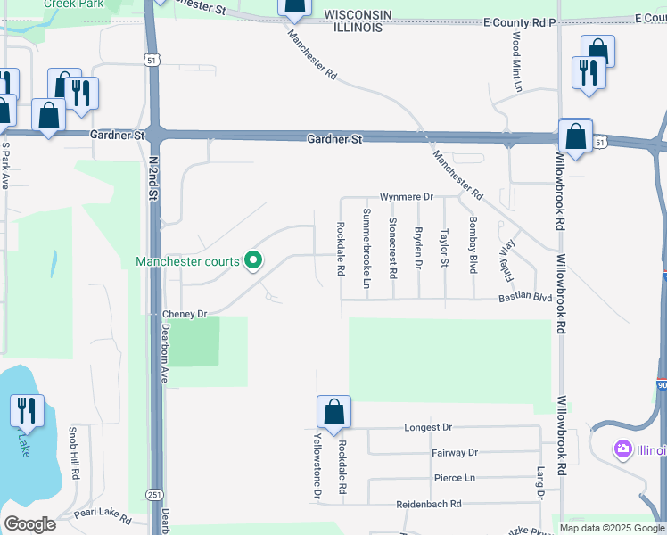 map of restaurants, bars, coffee shops, grocery stores, and more near 5303 Cheney Drive in South Beloit