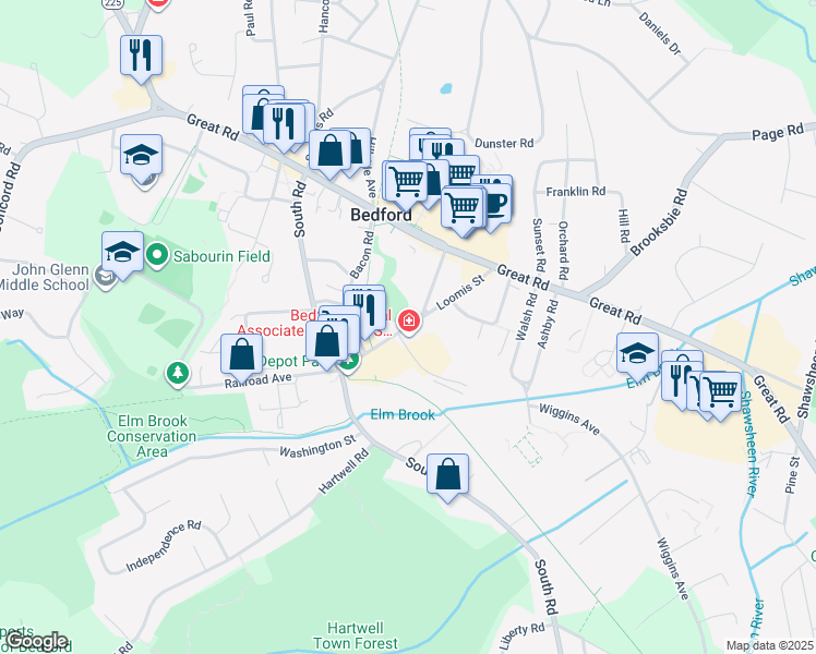 map of restaurants, bars, coffee shops, grocery stores, and more near 38 Loomis Street in Bedford