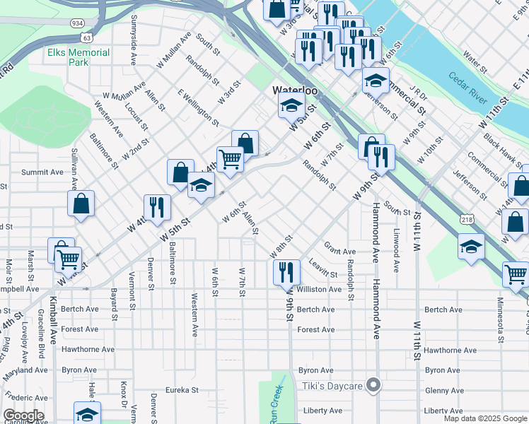 map of restaurants, bars, coffee shops, grocery stores, and more near 930 West 7th Street in Waterloo