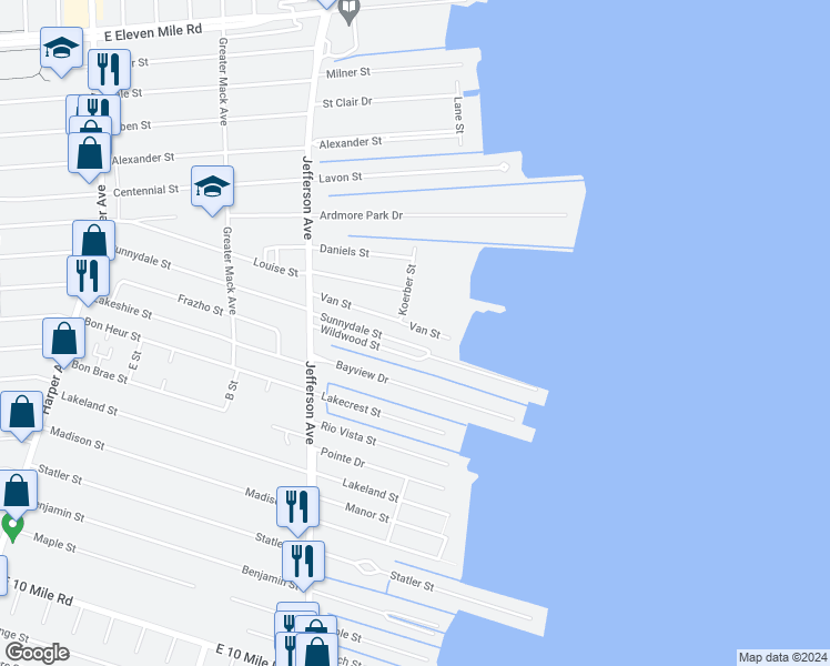 map of restaurants, bars, coffee shops, grocery stores, and more near 22552 Van Street in St. Clair Shores