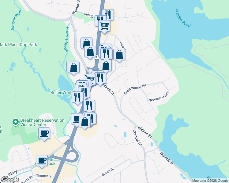 map of restaurants, bars, coffee shops, grocery stores, and more near 200 Walnut Street in Saugus
