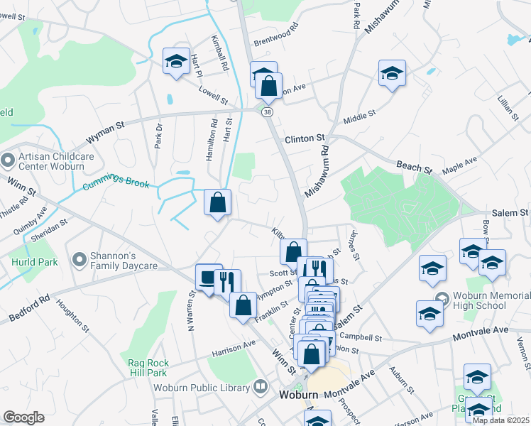 map of restaurants, bars, coffee shops, grocery stores, and more near 8 Kilby Drive in Woburn