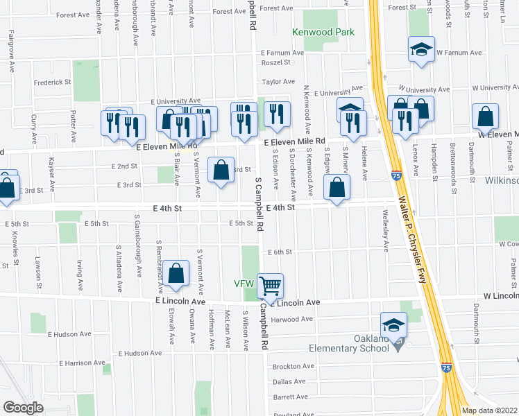 map of restaurants, bars, coffee shops, grocery stores, and more near East 4th Street & South Campbell Road in Royal Oak
