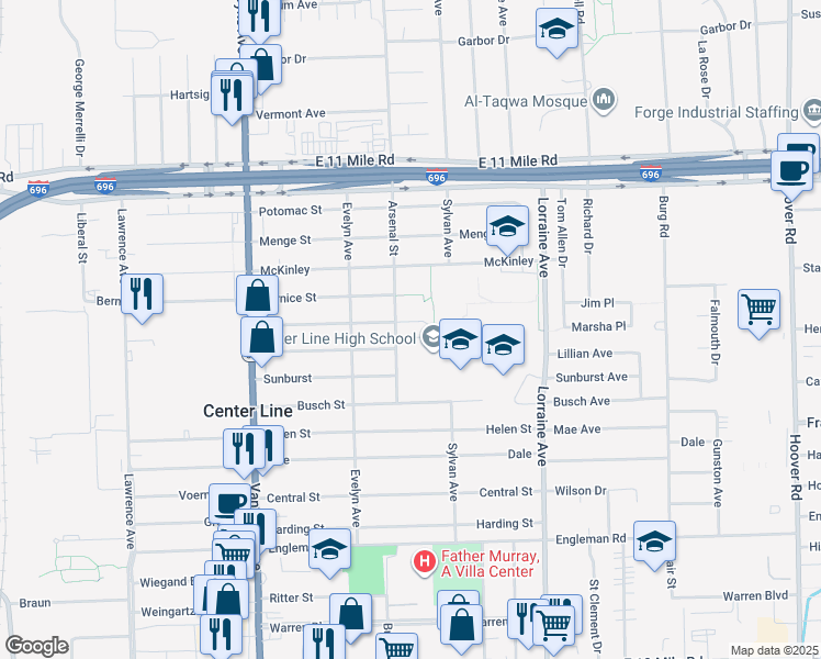 map of restaurants, bars, coffee shops, grocery stores, and more near 8426 Virginia Park in Center Line