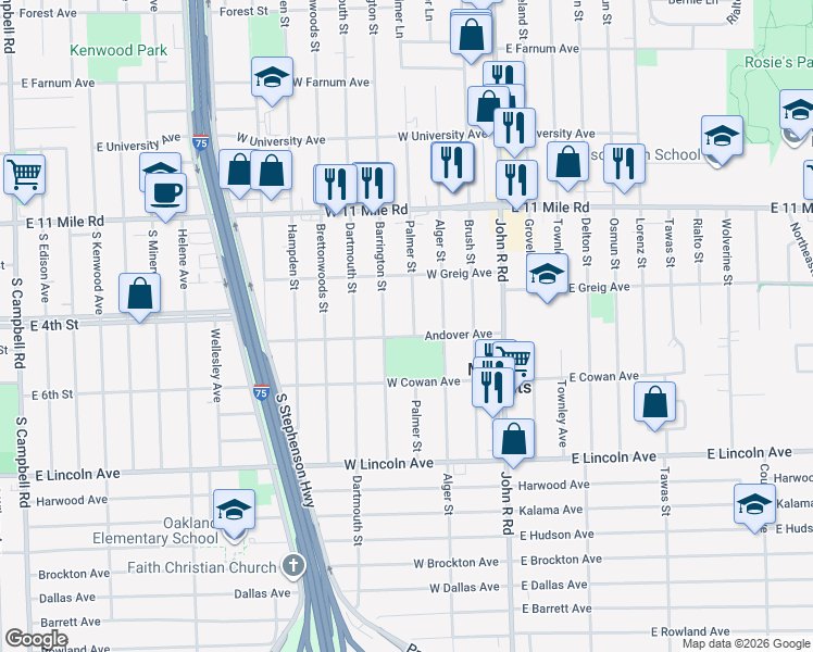 map of restaurants, bars, coffee shops, grocery stores, and more near 26515 Palmer Street in Madison Heights