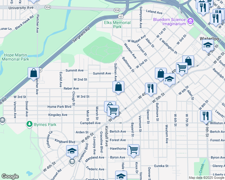 map of restaurants, bars, coffee shops, grocery stores, and more near 416 Sullivan Avenue in Waterloo