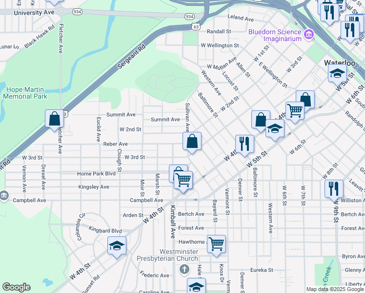 map of restaurants, bars, coffee shops, grocery stores, and more near 1500 West 3rd Street in Waterloo
