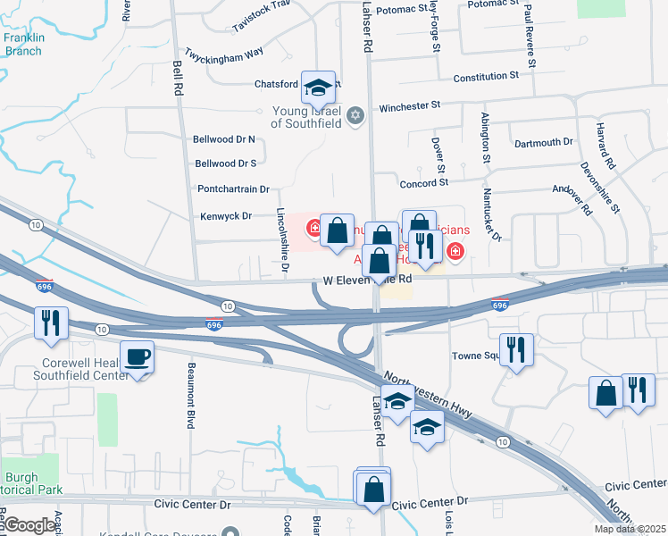 map of restaurants, bars, coffee shops, grocery stores, and more near 22200 West Eleven Mile Road in Southfield