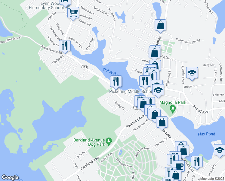 map of restaurants, bars, coffee shops, grocery stores, and more near 110 Lynnfield Street in Lynn
