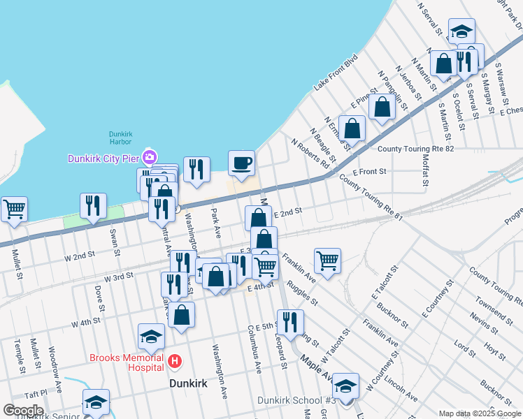 map of restaurants, bars, coffee shops, grocery stores, and more near 111 Main Street in Dunkirk