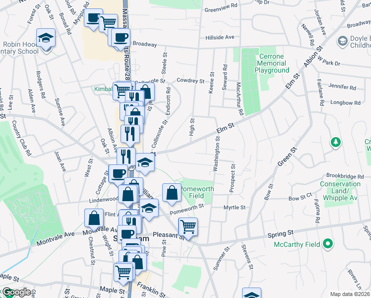 map of restaurants, bars, coffee shops, grocery stores, and more near 63 Elm Street in Stoneham