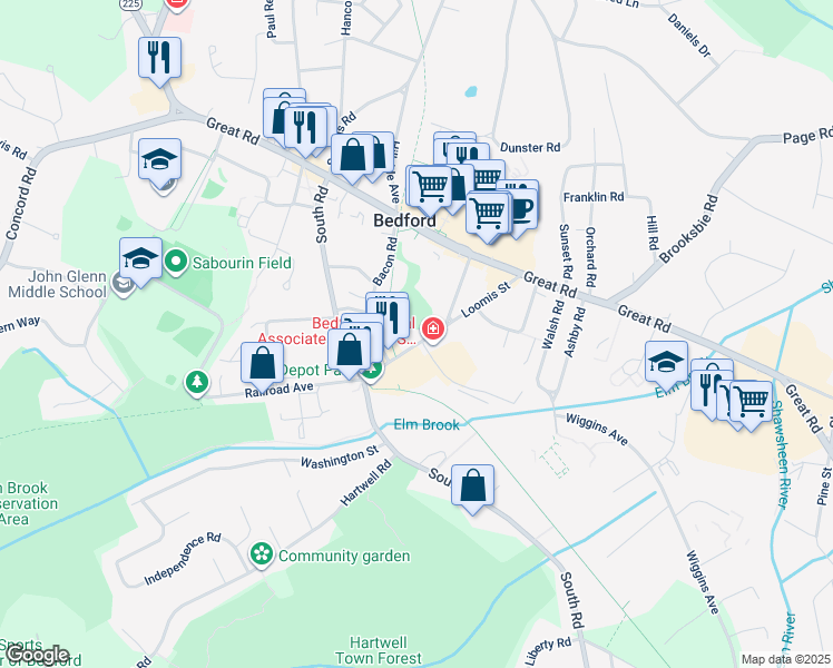 map of restaurants, bars, coffee shops, grocery stores, and more near 51 Loomis Street in Bedford