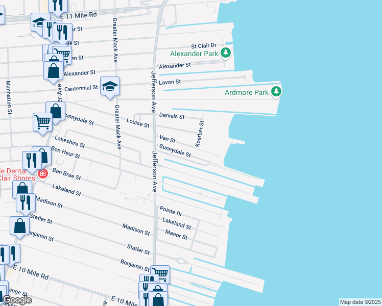 map of restaurants, bars, coffee shops, grocery stores, and more near 22552 Van Street in St. Clair Shores