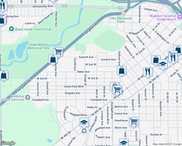 map of restaurants, bars, coffee shops, grocery stores, and more near 425 Reber Avenue in Waterloo