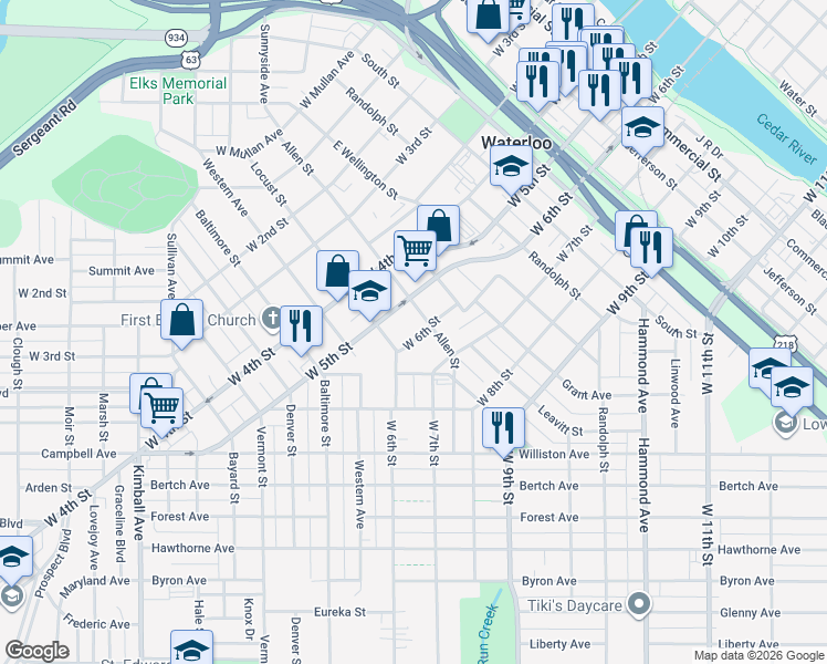 map of restaurants, bars, coffee shops, grocery stores, and more near 726 Allen Street in Waterloo