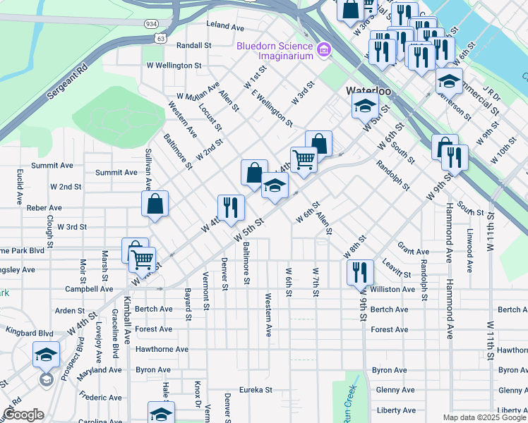 map of restaurants, bars, coffee shops, grocery stores, and more near 1120 West 5th Street in Waterloo