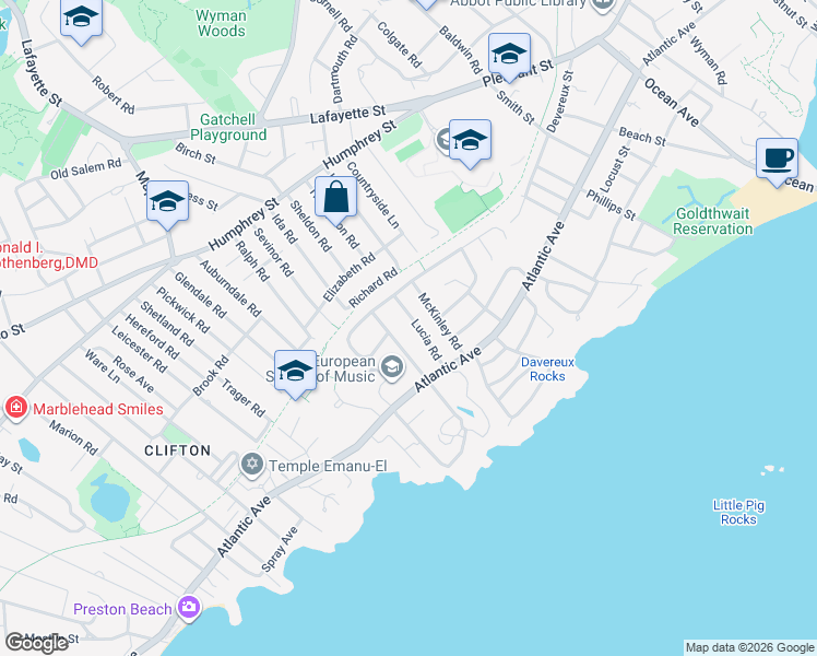 map of restaurants, bars, coffee shops, grocery stores, and more near 14 Lucia Road in Marblehead
