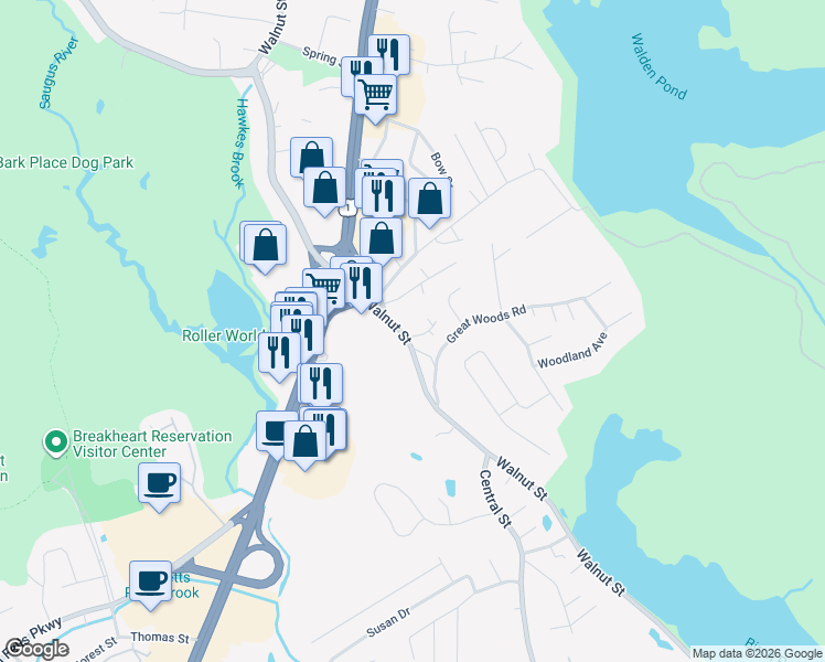 map of restaurants, bars, coffee shops, grocery stores, and more near 200 Walnut Street in Saugus