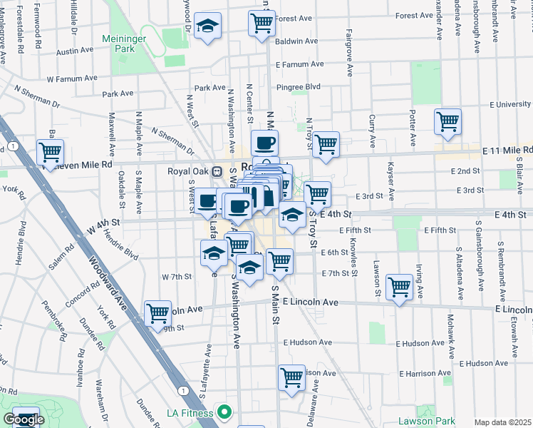 map of restaurants, bars, coffee shops, grocery stores, and more near 319 South Center Street in Royal Oak