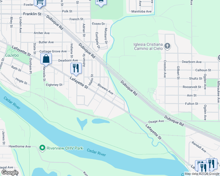 map of restaurants, bars, coffee shops, grocery stores, and more near 503 California Street in Waterloo