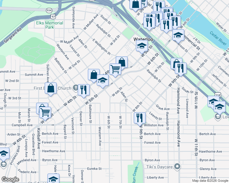 map of restaurants, bars, coffee shops, grocery stores, and more near 726 Allen Street in Waterloo