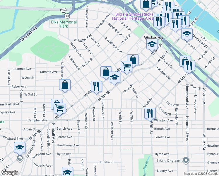 map of restaurants, bars, coffee shops, grocery stores, and more near 1120 West 5th Street in Waterloo