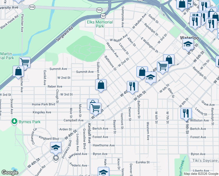 map of restaurants, bars, coffee shops, grocery stores, and more near 1326 West 3rd Street in Waterloo
