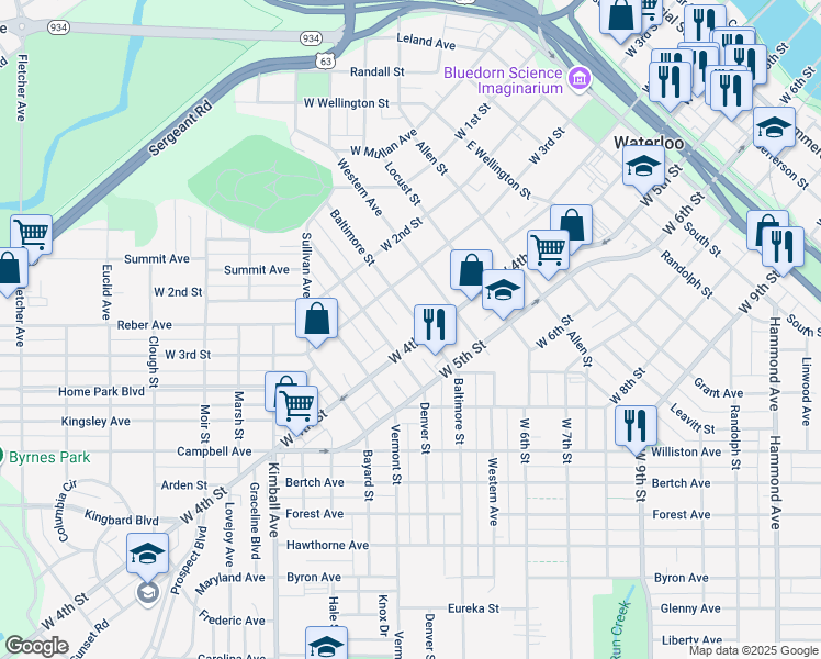 map of restaurants, bars, coffee shops, grocery stores, and more near 434 Baltimore Street in Waterloo