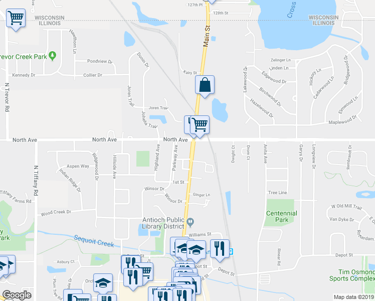 map of restaurants, bars, coffee shops, grocery stores, and more near 576 Main Street in Antioch