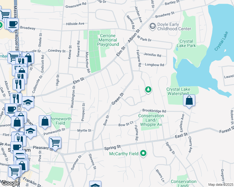 map of restaurants, bars, coffee shops, grocery stores, and more near 218 Green Street in Stoneham