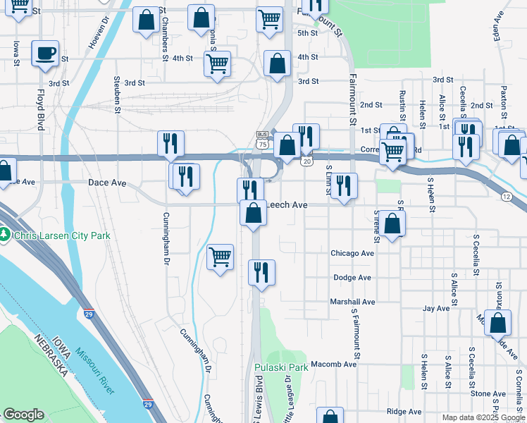map of restaurants, bars, coffee shops, grocery stores, and more near 1328 South Lewis Boulevard in Sioux City