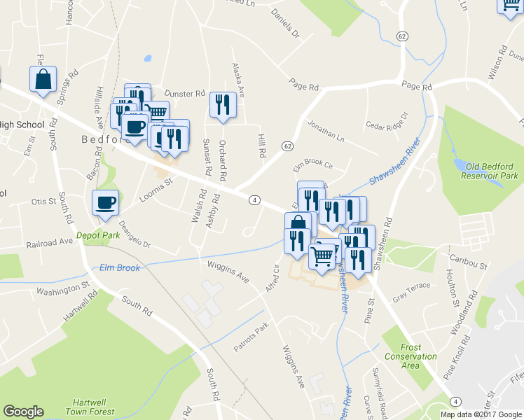 map of restaurants, bars, coffee shops, grocery stores, and more near 18 Roberts Drive in Bedford