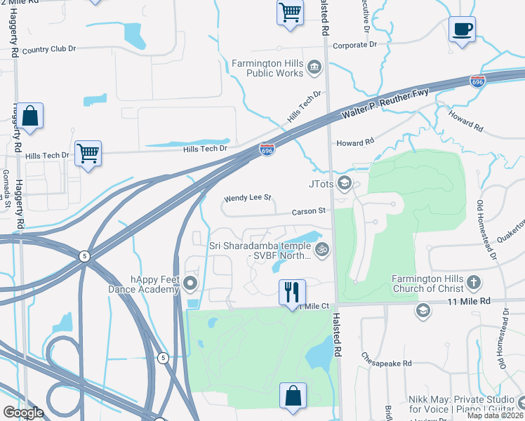 map of restaurants, bars, coffee shops, grocery stores, and more near 37742 Carson Street in Farmington Hills