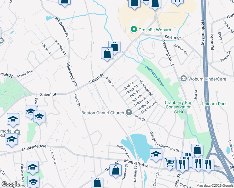 map of restaurants, bars, coffee shops, grocery stores, and more near 35 Pine Street in Woburn