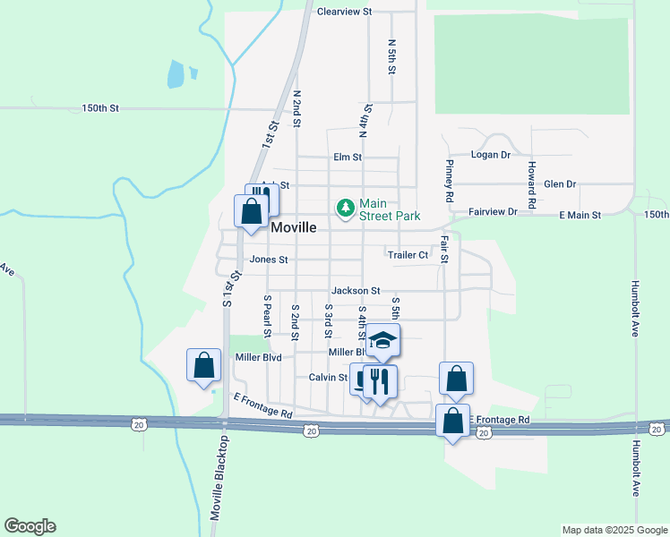 map of restaurants, bars, coffee shops, grocery stores, and more near 402 Jones Street in Moville