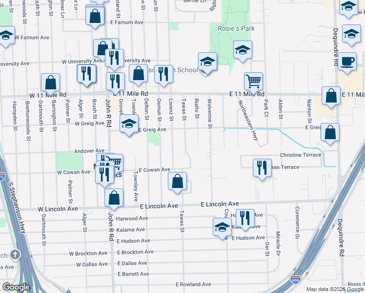 map of restaurants, bars, coffee shops, grocery stores, and more near 26401 Tawas Street in Madison Heights