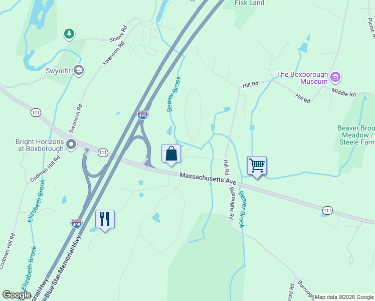 map of restaurants, bars, coffee shops, grocery stores, and more near Paddock Lane in Boxborough