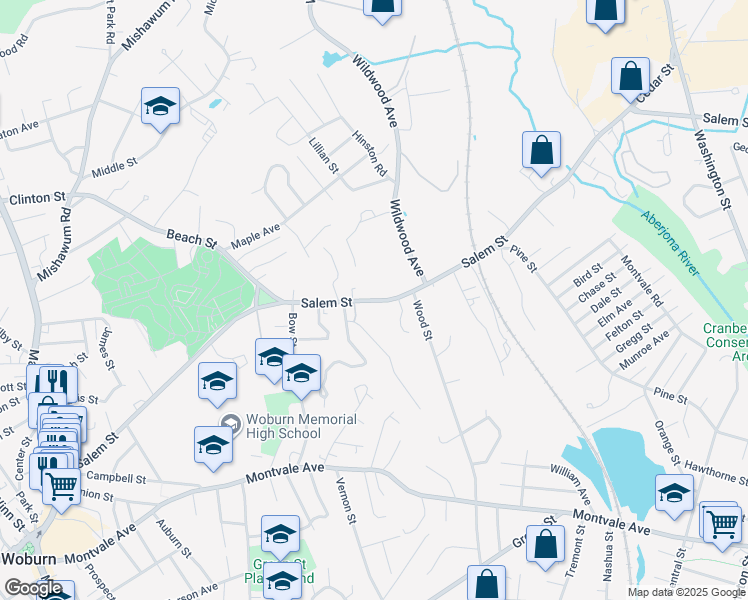 map of restaurants, bars, coffee shops, grocery stores, and more near 186 Salem Street in Woburn