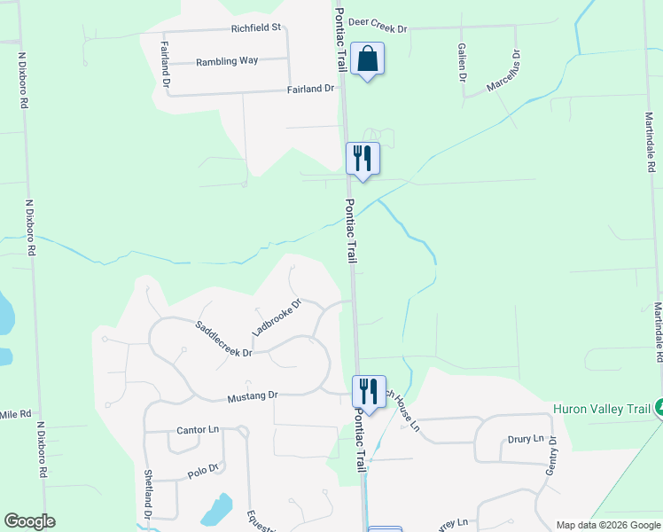 map of restaurants, bars, coffee shops, grocery stores, and more near 27491 Pontiac Trail in South Lyon