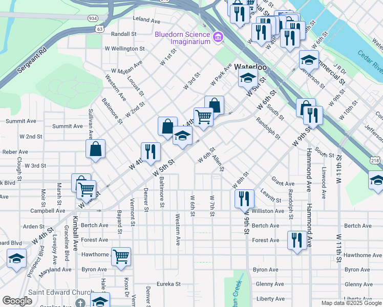 map of restaurants, bars, coffee shops, grocery stores, and more near 705 Locust St in Waterloo
