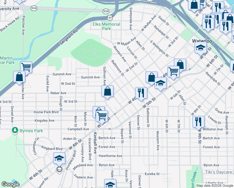map of restaurants, bars, coffee shops, grocery stores, and more near 1326 West 3rd Street in Waterloo