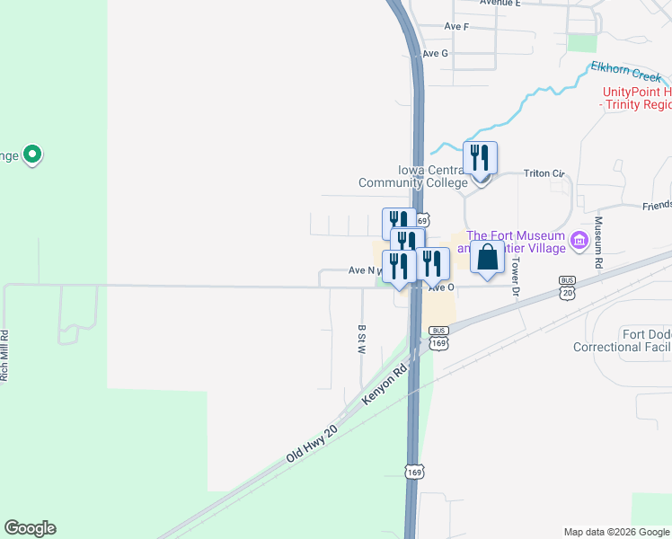 map of restaurants, bars, coffee shops, grocery stores, and more near 268 Ave North W in Fort Dodge