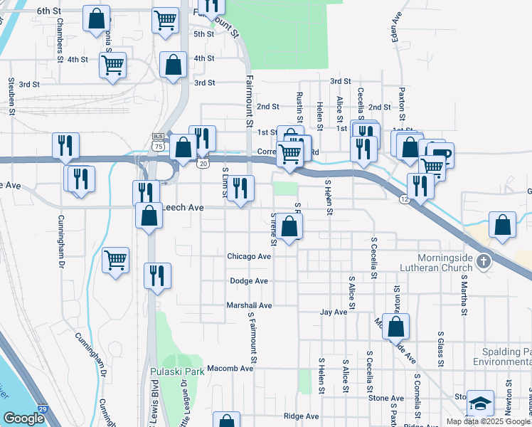map of restaurants, bars, coffee shops, grocery stores, and more near 2714 Leech Avenue in Sioux City