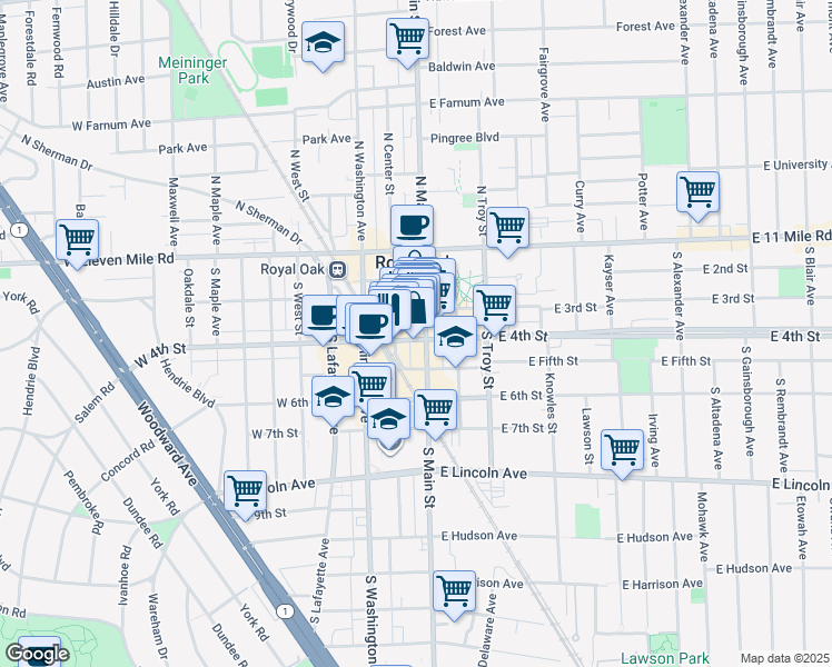 map of restaurants, bars, coffee shops, grocery stores, and more near 319 South Center Street in Royal Oak