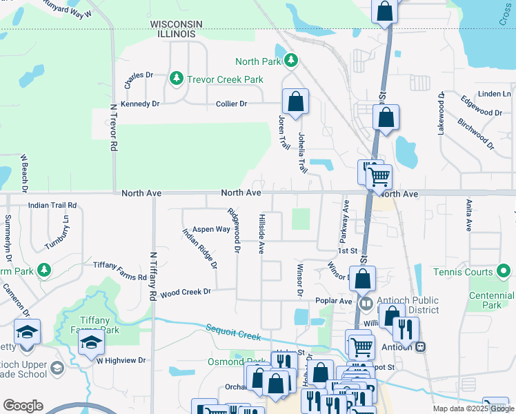 map of restaurants, bars, coffee shops, grocery stores, and more near 586 Hillside Avenue in Antioch