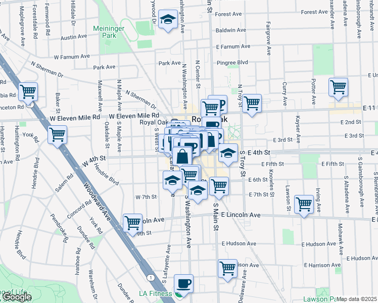 map of restaurants, bars, coffee shops, grocery stores, and more near 319 South Washington Avenue in Royal Oak